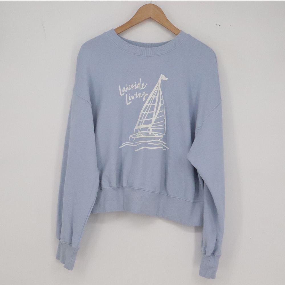 Old Navy Sweatshirt Womens L SoComfy Terry Blue Lakeside Living Graphic Exc